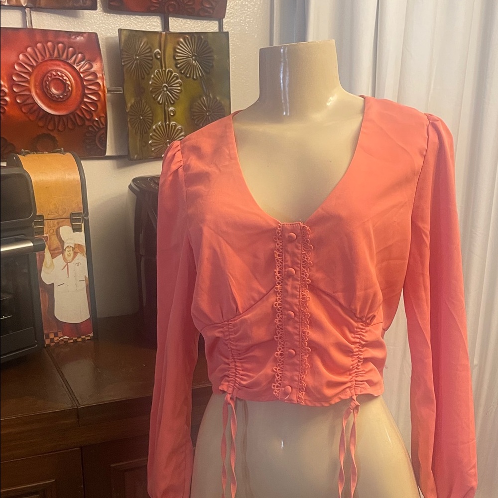 Coral Long-Sleeve V-Neck Ruched Crop Top